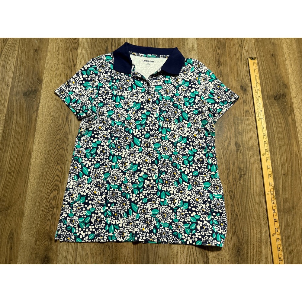 Lands End Polo Womens Size S Navy Blue Floral Short Sleeve Collared Shirt